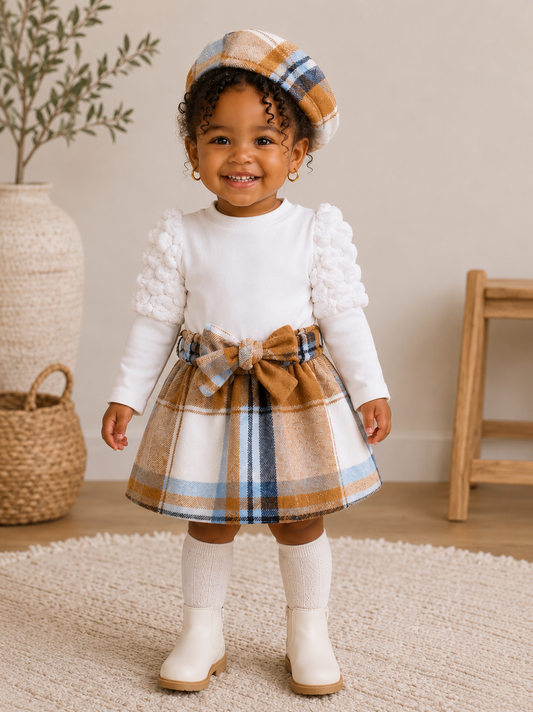 Plaid Bow Skirt Set with Matching Beret