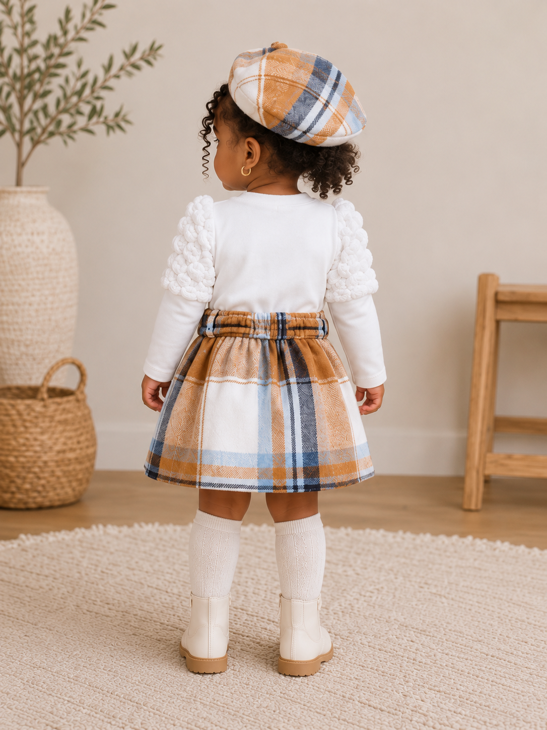 Plaid Bow Skirt Set with Matching Beret