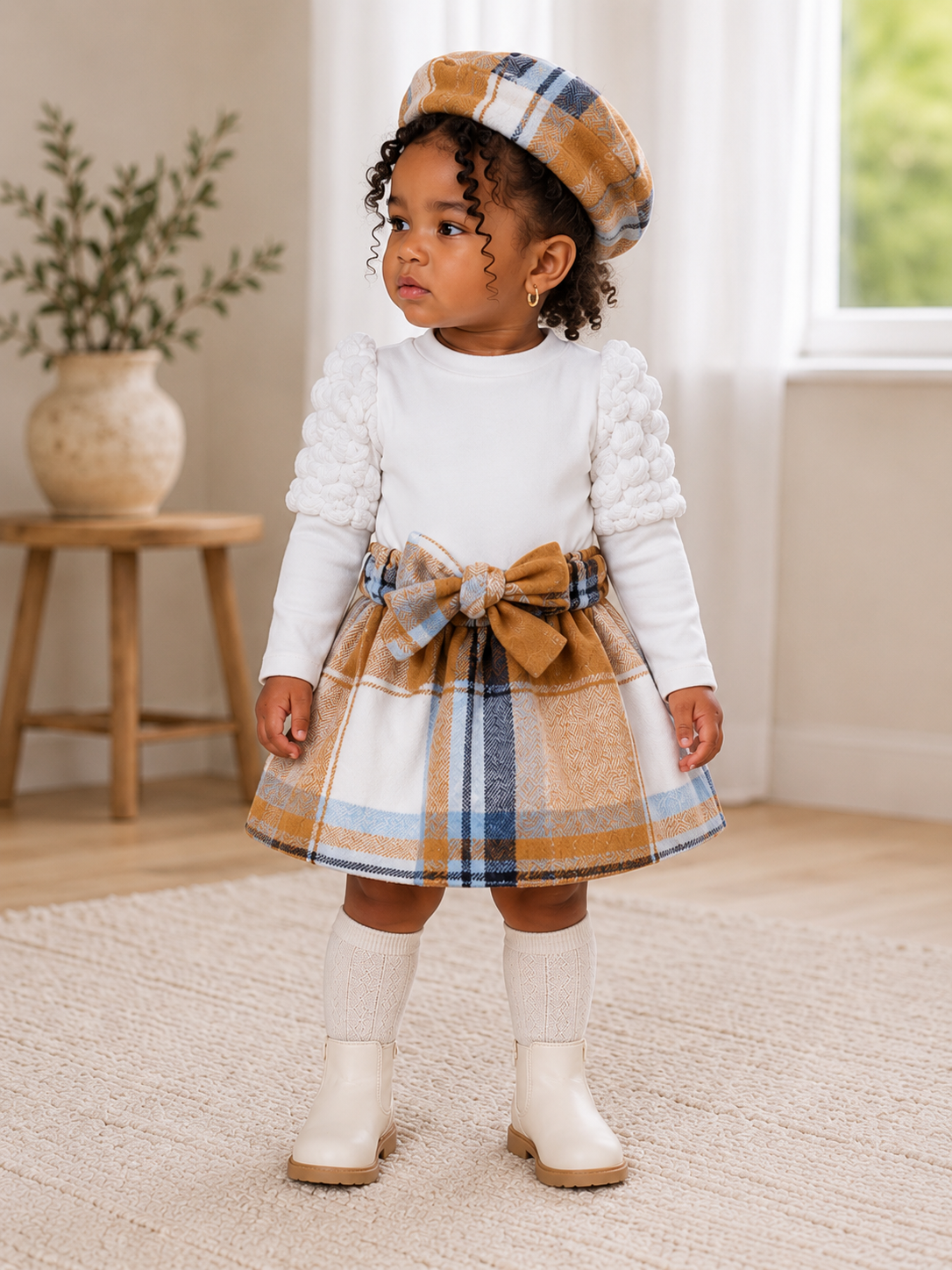 Plaid Bow Skirt Set with Matching Beret