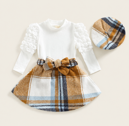 Plaid Bow Skirt Set with Matching Beret