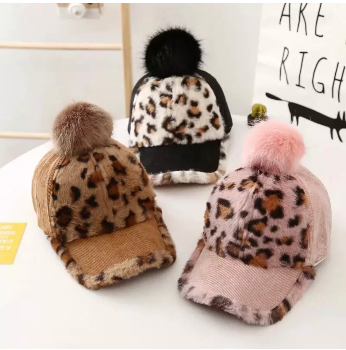 Kids Leopard Pom Pom Baseball Cap